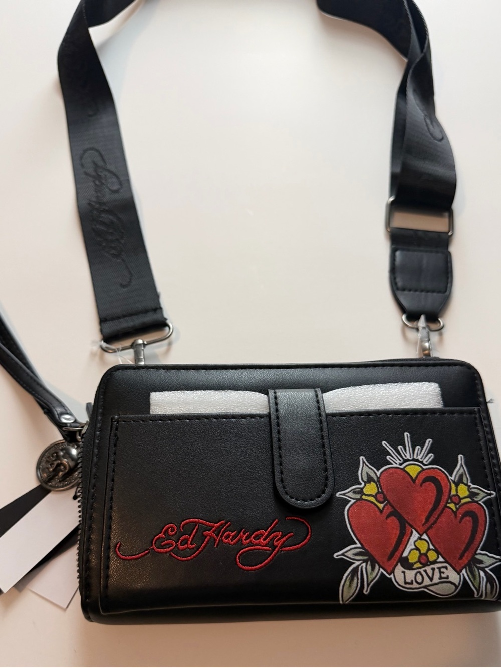 Ed Hardy Black Designer Crossbody Bag Red Heart (NWT)